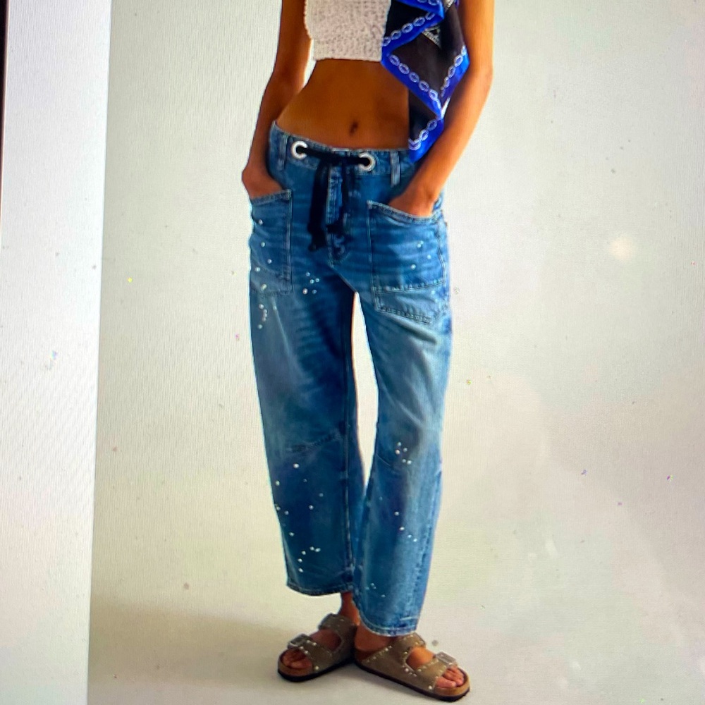 Free People Moxie Barrel Jeans Size 32 in Blue Paint Splatter motif
